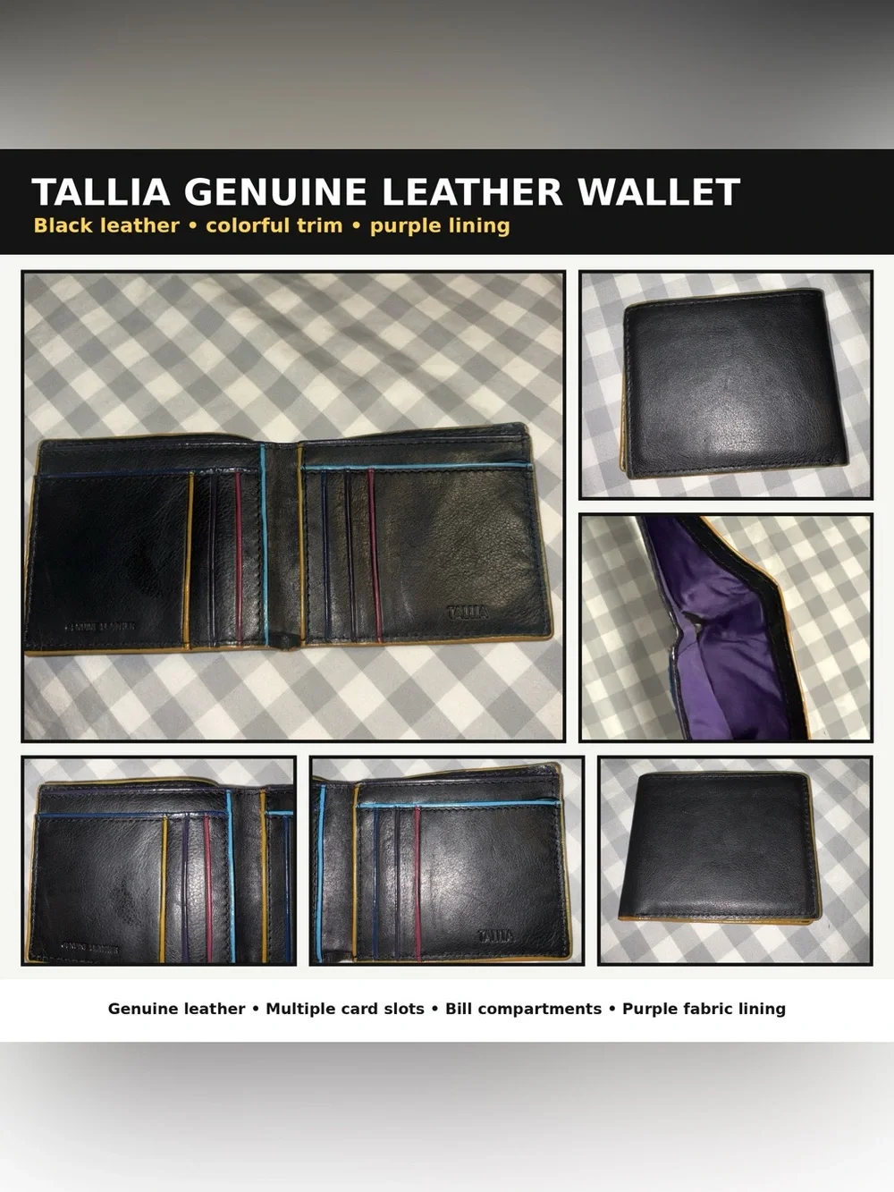Tallia Genuine Leather Black Bifold Wallet Colorful Trim Purple Lining